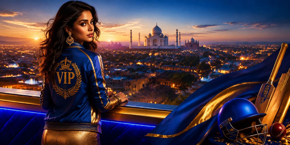 IPL betting promotion with blue and gold theme near Taj Mahal