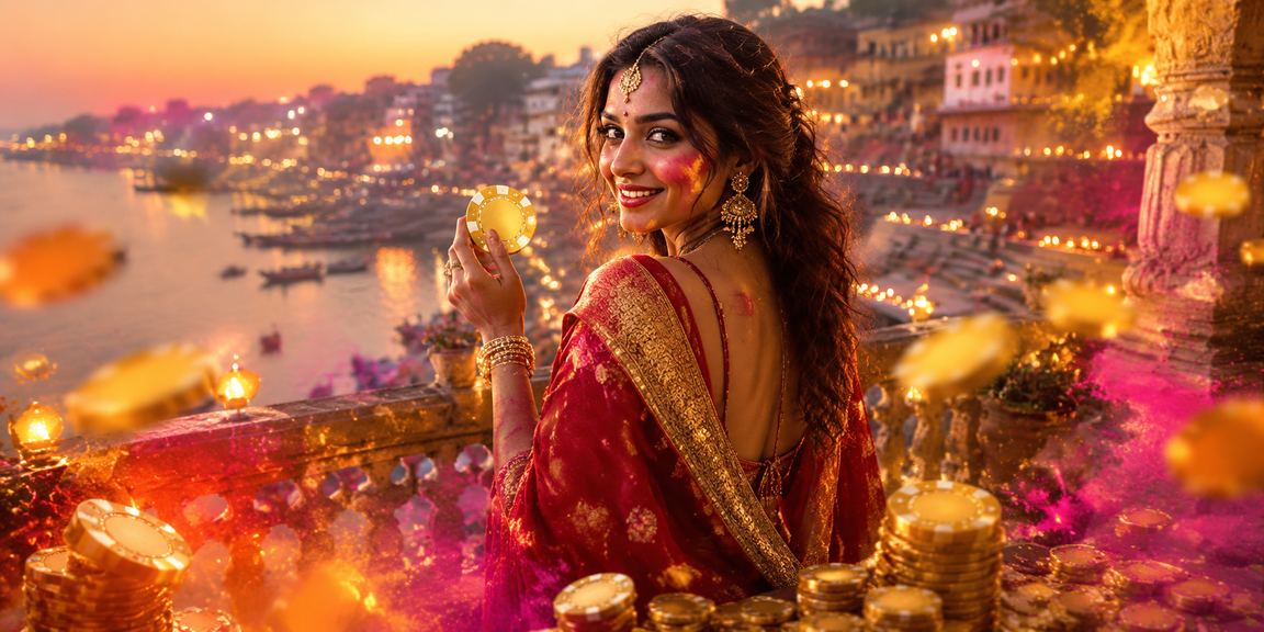 Scenic view of Varanasi Ghat with players enjoying bonuses